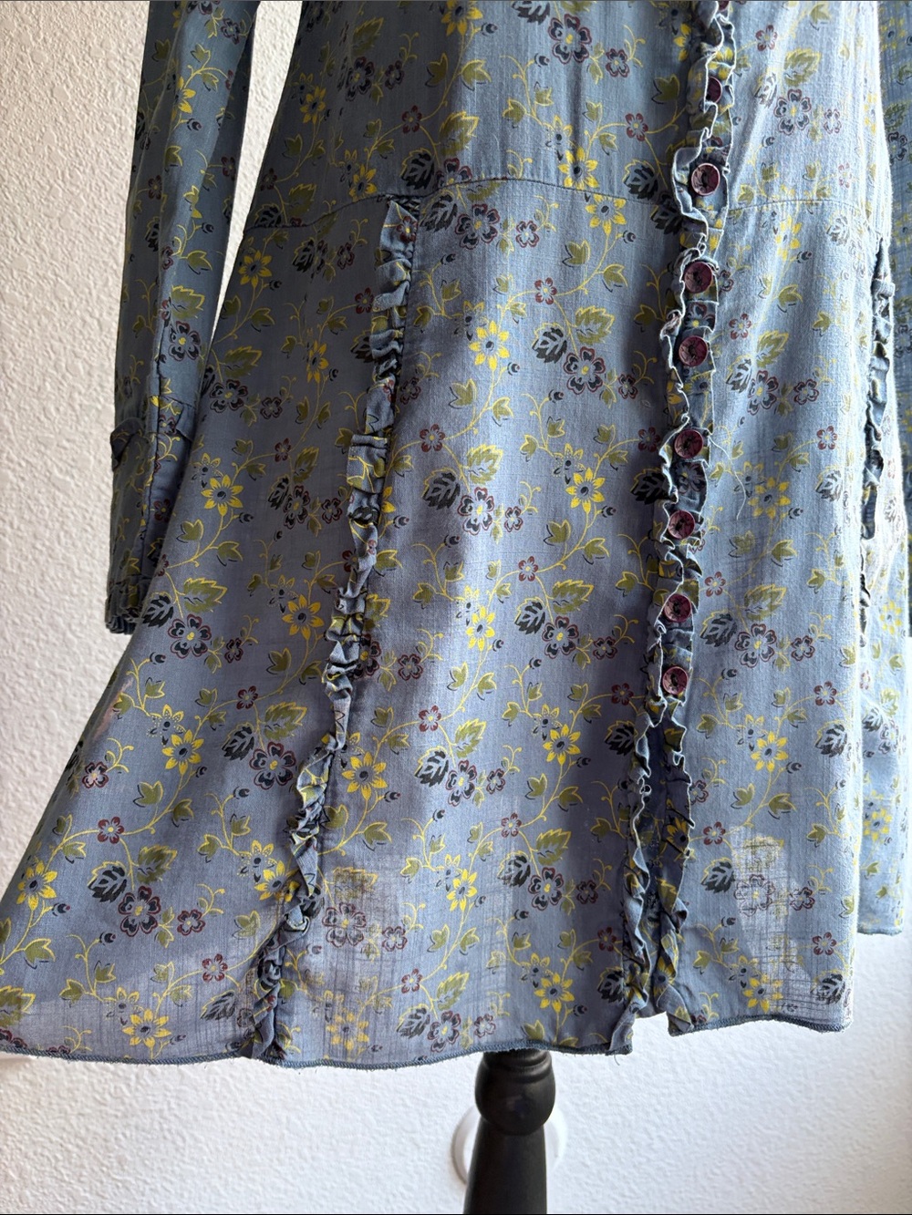 Vintage Free People Dress Sz 6 Blue Floral Button Down Ruffled, Pin-Tuck Fall - Picture 4 of 12